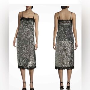 Gianni Bini x Lily Sisto NWT Allegra Sequin Lace-Trim Slip Dress - Silver, Sz 4